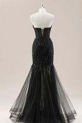Strapless Black Mermaid Prom Dress with Beaded Detailing and Lace Up Back for Formal Evening