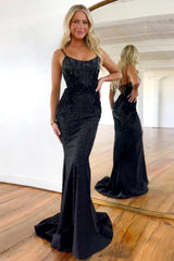 Black Glitter Beaded Mermaid Prom Dress with Spaghetti Straps and Lace-Up Back