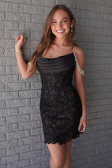Black Lace Corset Homecoming Dress with Beaded Off-Shoulder Straps