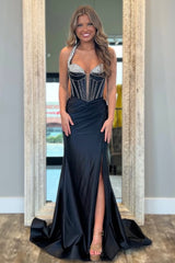 Black Mermaid Fit with Sweetheart Bodice Beaded Detail and Thigh Slit Prom Dress