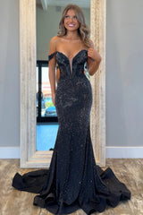 Black Plunging V-Neck Sheer Illusion Sparkle Mermaid Prom Dress
