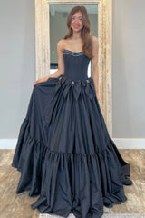 Black Satin Strapless Princess Prom Dress with Tiered Skirt and Bowknots
