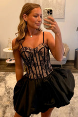 Black Spaghetti Straps Lace Corset Homecoming Dress with Bubble Hem