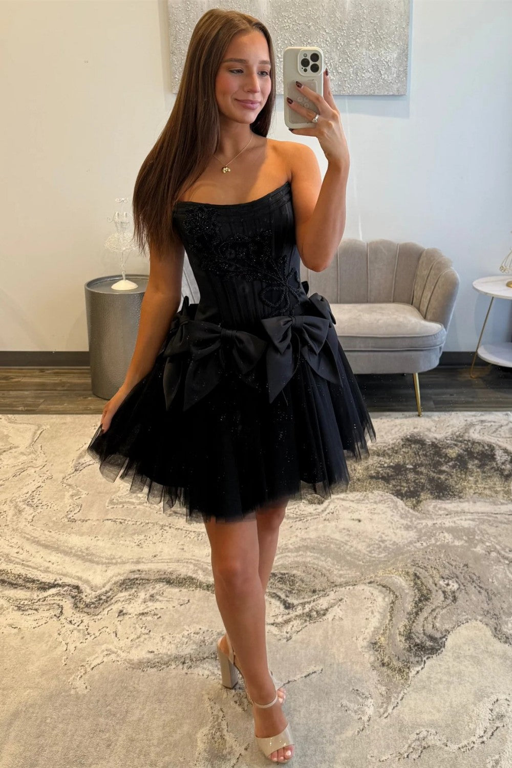 Black Strapless Corset Homecoming Dress with Tulle Skirt and Statement Bows
