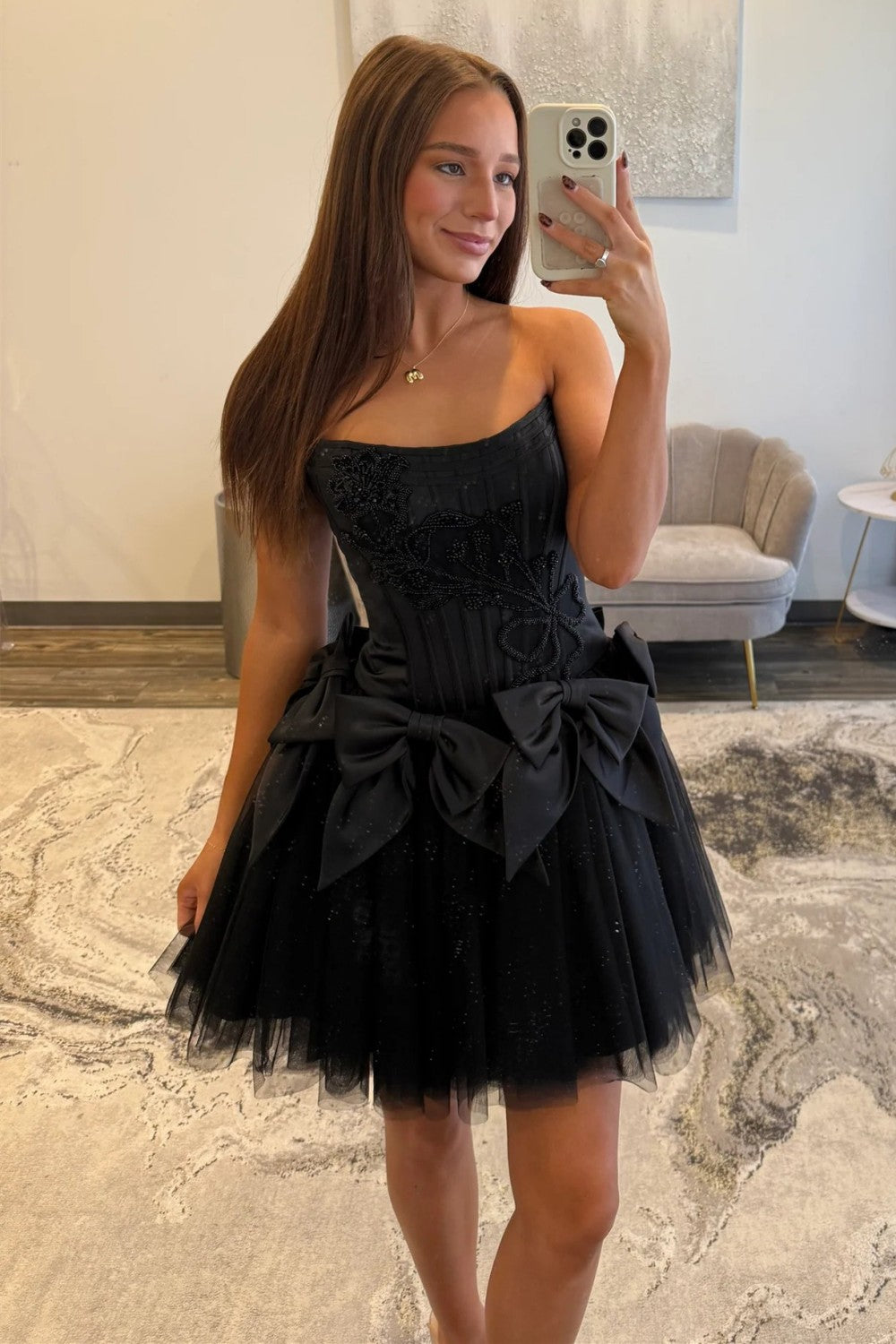 Black Strapless Corset Homecoming Dress with Tulle Skirt and Statement Bows