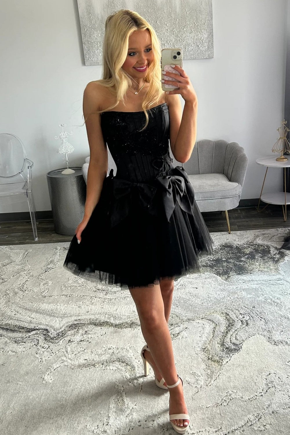 Furlla Women Black Strapless Corset Homecoming Dress with Tulle Skirt and Statement Bows Furlla Official Furlla Women Black Strapless Corset Homecoming Dress with Tulle Skirt and Statement Bows Furlla Official