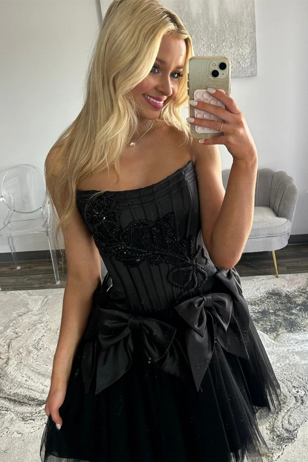 Black Strapless Corset Homecoming Dress with Tulle Skirt and Statement Bows