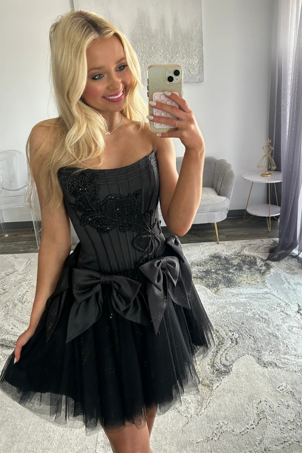 Black Strapless Corset Homecoming Dress with Tulle Skirt and Statement Bows