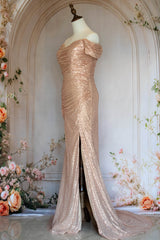 Bling Mermaid Off the Shoulder Champagne Sequins Long Prom Dress with Split Front