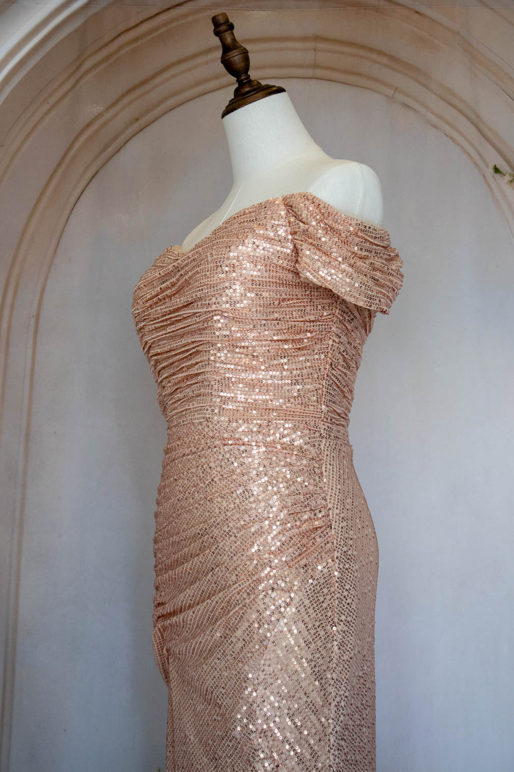Bling Mermaid Off the Shoulder Champagne Sequins Long Prom Dress with Split Front