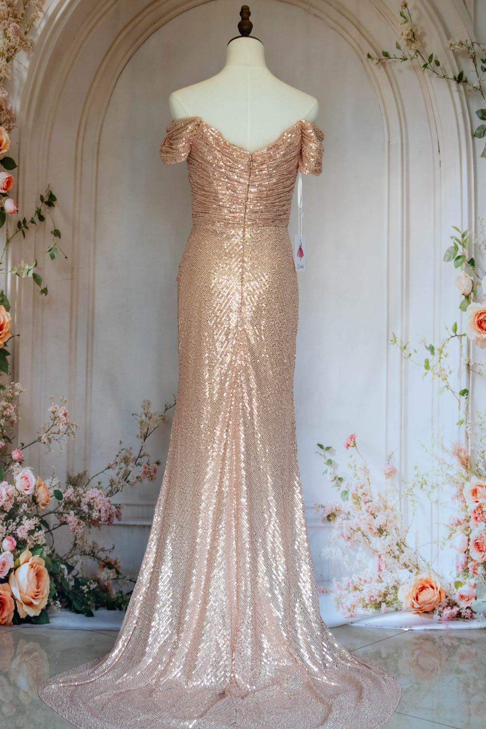 Bling Mermaid Off the Shoulder Champagne Sequins Long Prom Dress with Split Front