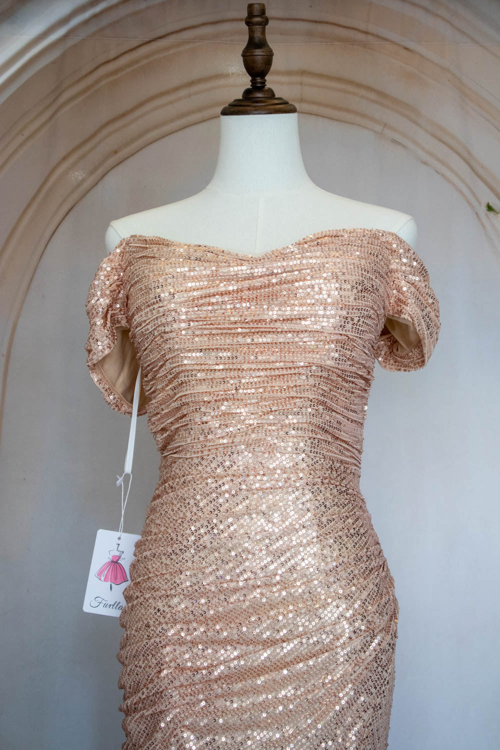 Bling Mermaid Off the Shoulder Champagne Sequins Long Prom Dress with Split Front