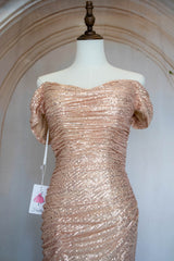 Bling Mermaid Off the Shoulder Champagne Sequins Long Prom Dress with Split Front