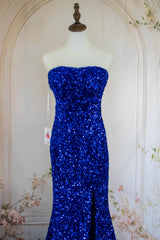 Bling Mermaid Strapless Royal Blue Sequins Long Prom Dress with Split Front