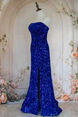 Bling Mermaid Strapless Royal Blue Sequins Long Prom Dress with Split Front