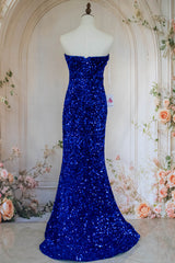 Bling Mermaid Strapless Royal Blue Sequins Long Prom Dress with Split Front