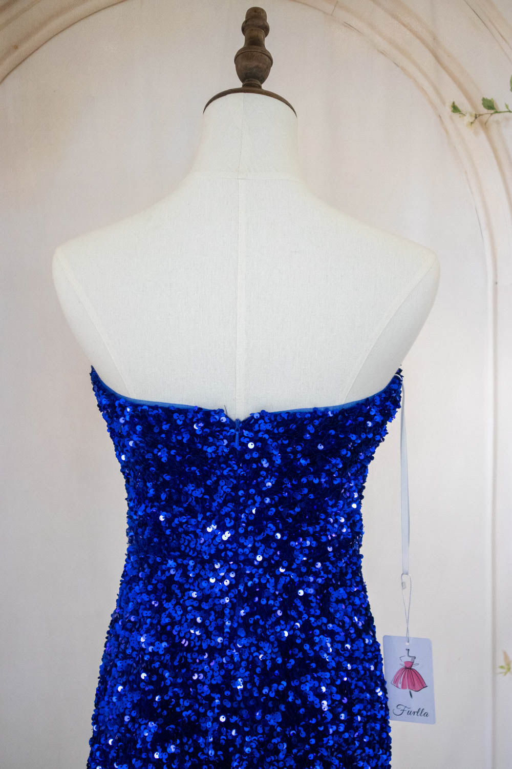 Bling Mermaid Strapless Royal Blue Sequins Long Prom Dress with Split Front