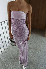 Bling Sheath Strapless Lilac Long Prom Dress with Pearls Slit