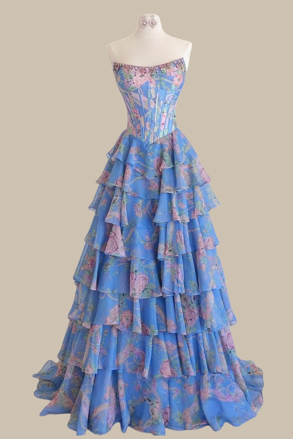 Strapless Blue Floral Corset Prom Dress Complete with an A Line Cut and Tiered Ruffle Skirt
