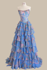 Strapless Blue Floral Corset Prom Dress Complete with an A Line Cut and Tiered Ruffle Skirt