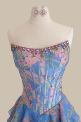 Strapless Blue Floral Corset Prom Dress Complete with an A Line Cut and Tiered Ruffle Skirt