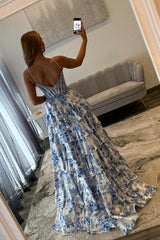 Blue Floral Spaghetti Straps Ruffle High-Slit Prom Dress with Lace Bodice