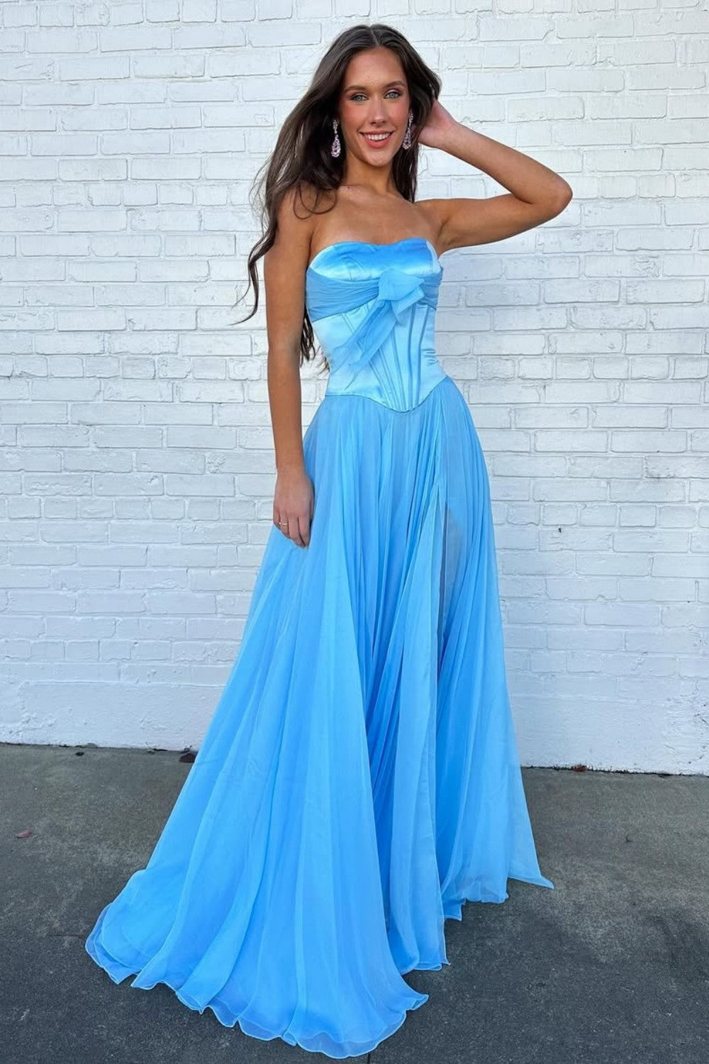 Furlla Women Blue Flowing Chiffon Strapless Corset Prom Dress with Bow