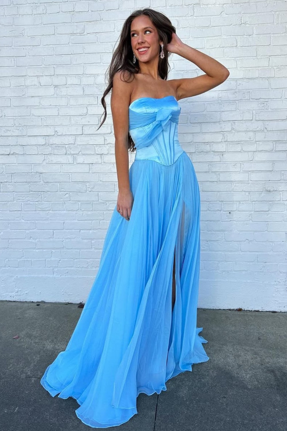 Furlla Women Blue Flowing Chiffon Strapless Corset Prom Dress with Bow
