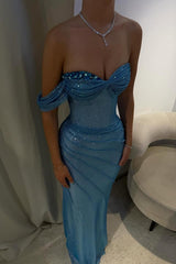 Blue One-Shoulder Sparkly Mermaid Prom Dress with Ruched Detailing