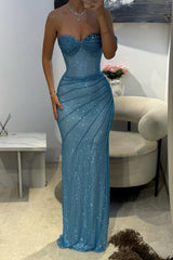 Blue One-Shoulder Sparkly Mermaid Prom Dress with Ruched Detailing