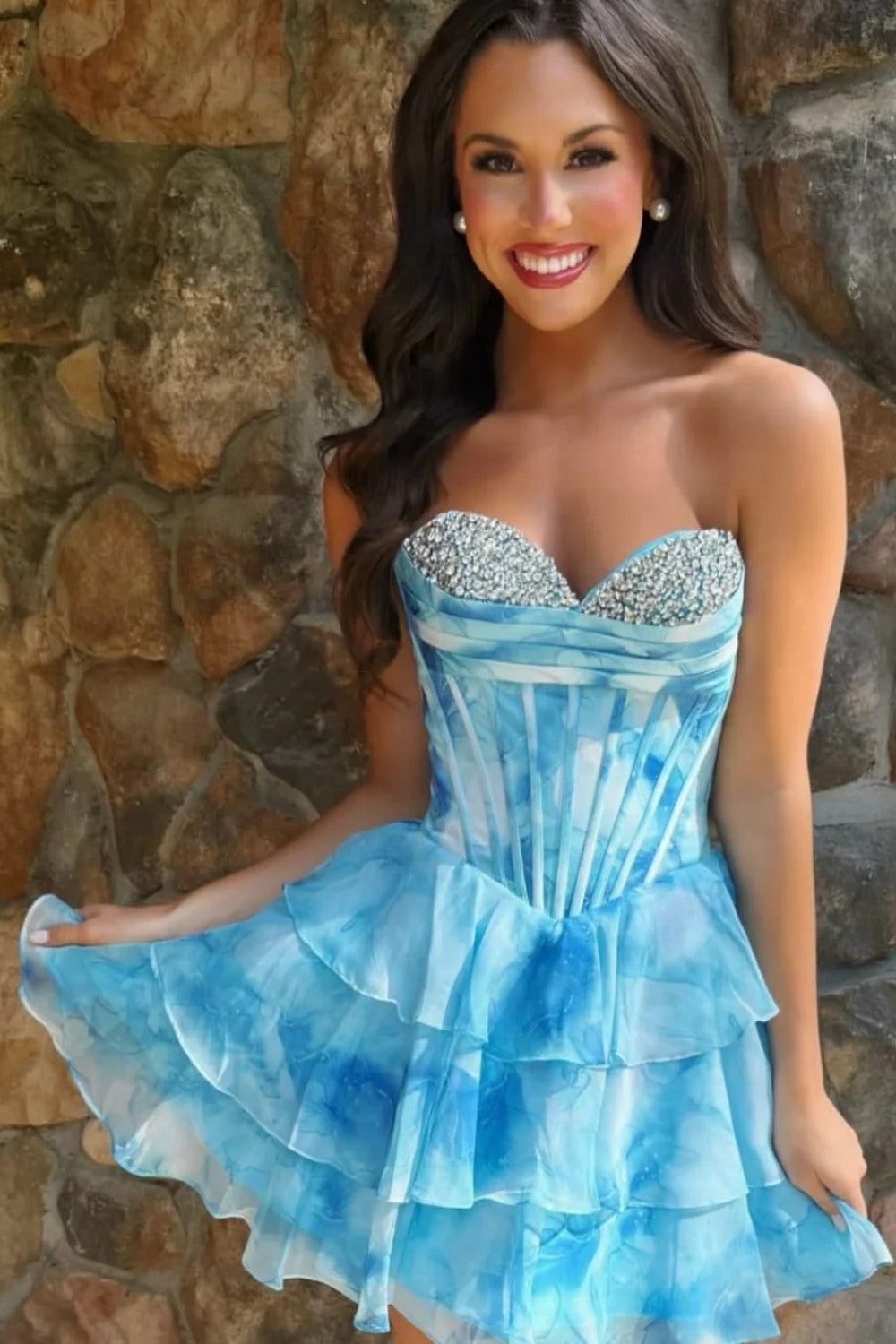 Blue Watercolor Corset Homecoming Dress with Tiered Ruffle Skirt and Beading