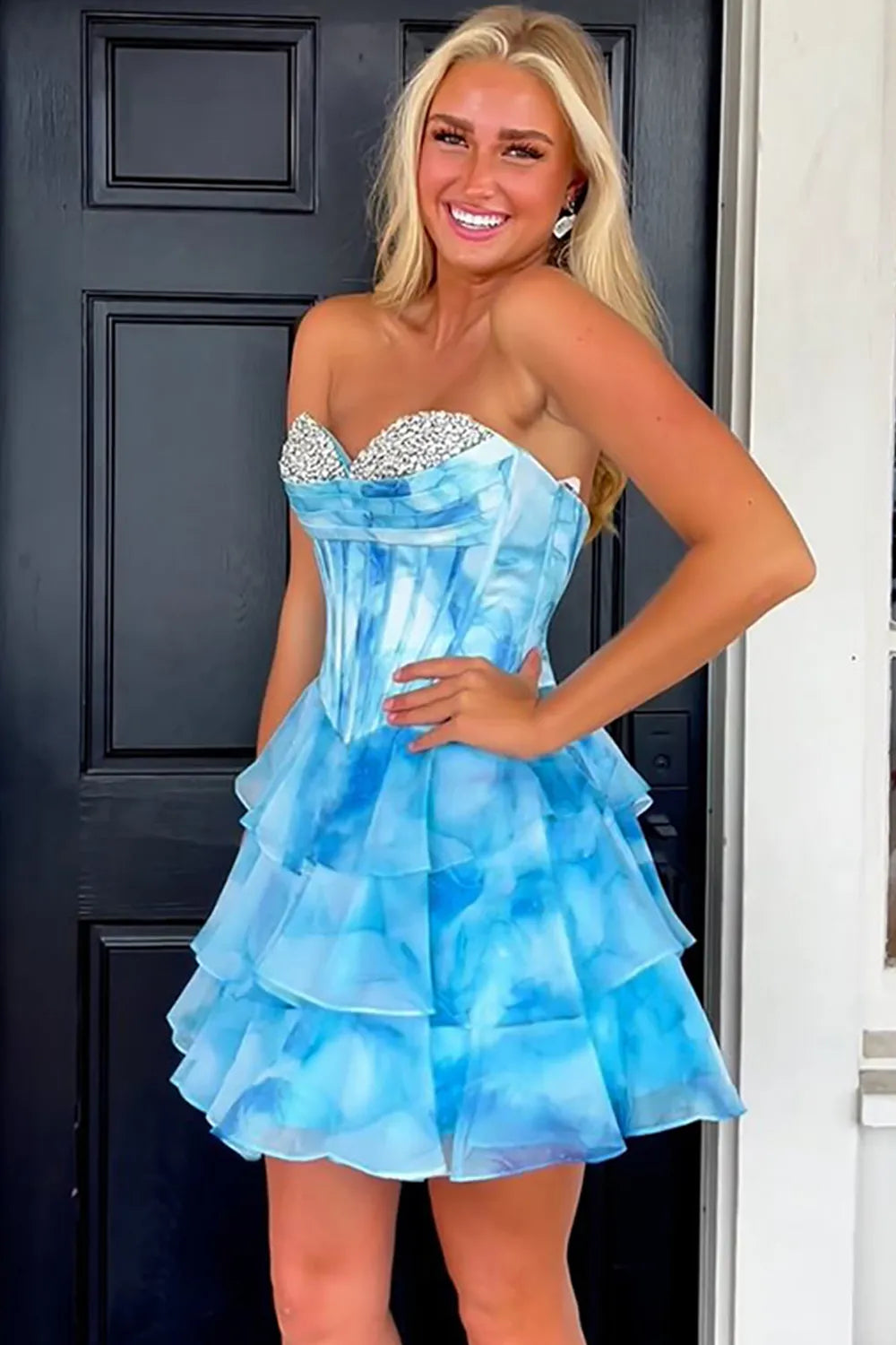 Blue Watercolor Corset Homecoming Dress with Tiered Ruffle Skirt and Beading