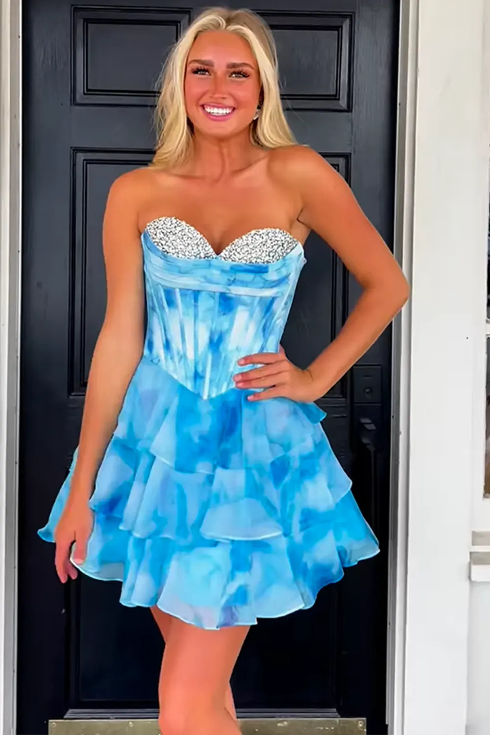 Blue Watercolor Corset Homecoming Dress with Tiered Ruffle Skirt and Beading