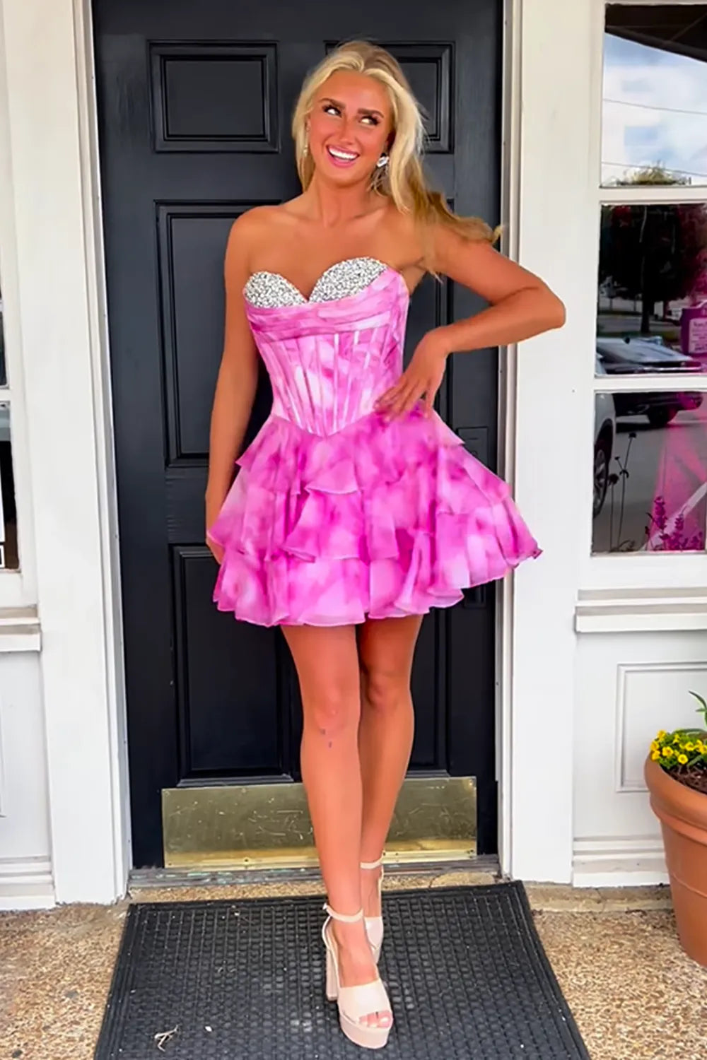 Blue Watercolor Corset Homecoming Dress with Tiered Ruffle Skirt and Beading