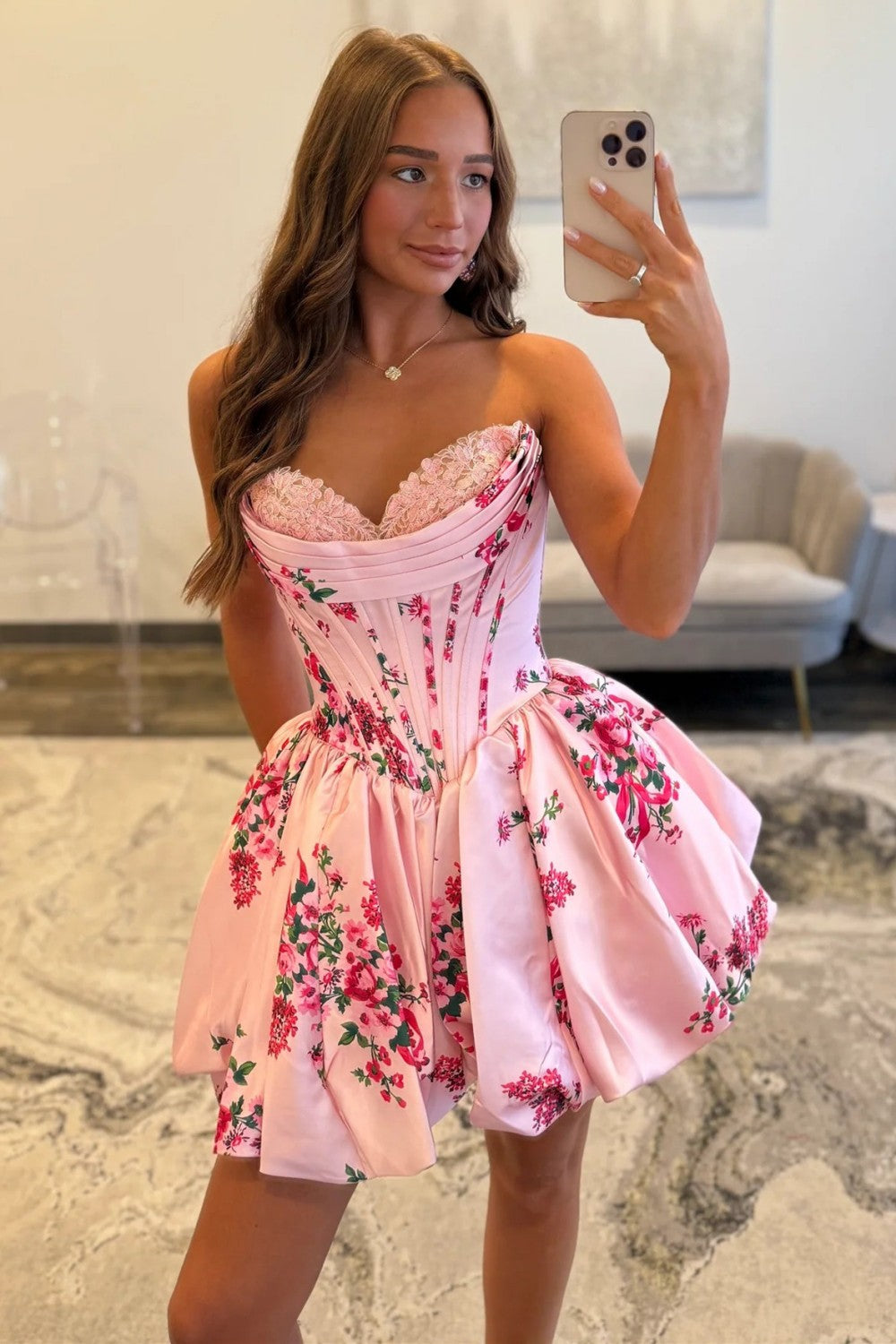 Blue and White Floral Sweetheart Corset Bubble Skirt Homecoming Dress