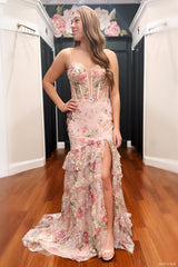 Blush Floral Appliqué Mermaid Prom Dress with Sheer Corset Bodice and High Slit