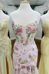 Blush Floral Appliqué Mermaid Prom Dress with Sheer Corset Bodice and High Slit