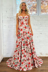 Blush Pink Floral Strapless Corset A-Line Prom Dress with Lace Up Back
