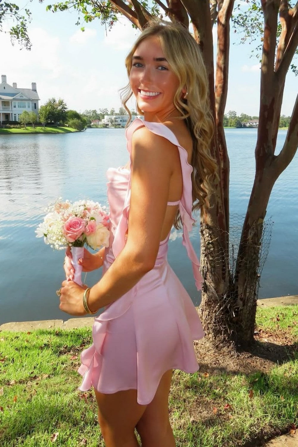 Furlla Women Blush Pink Ruffle Strap Mini Homecoming Dress with Side Cutouts Furlla Official Furlla Women Blush Pink Ruffle Strap Mini Homecoming Dress with Side Cutouts Furlla Official