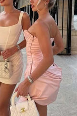 Blush Pink Satin Homecoming Dress with Draped Cowl Neck Mini Skirt