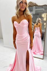 Blush Pink Satin Sweetheart Prom Dress with Corset Bodice and Side Slit