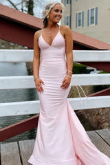 Blush Pink Spaghetti Strap Lace Up Sation Mermaid Prom Dress