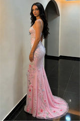 Blush Pink Sparkly Floral Beaded Spaghetti Straps Mermaid Prom Dress