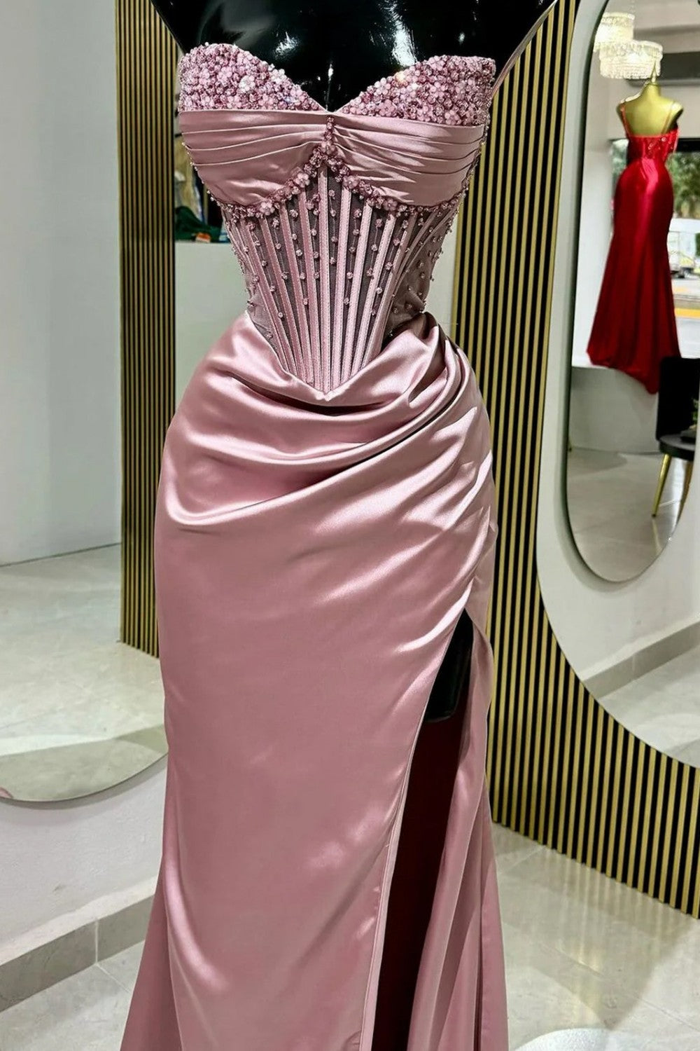 Furlla Women Blush Pink Strapless Beaded Corset Satin Mermaid Prom