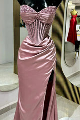 Blush Pink Strapless Beaded Corset Satin Mermaid Prom Dress with High Slit