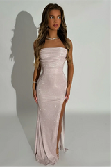 Blush Pink Strapless Lace Up Sparkle Prom Dress with Thigh-High Slit