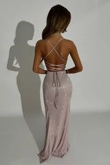 Blush Pink Strapless Lace Up Sparkle Prom Dress with Thigh-High Slit