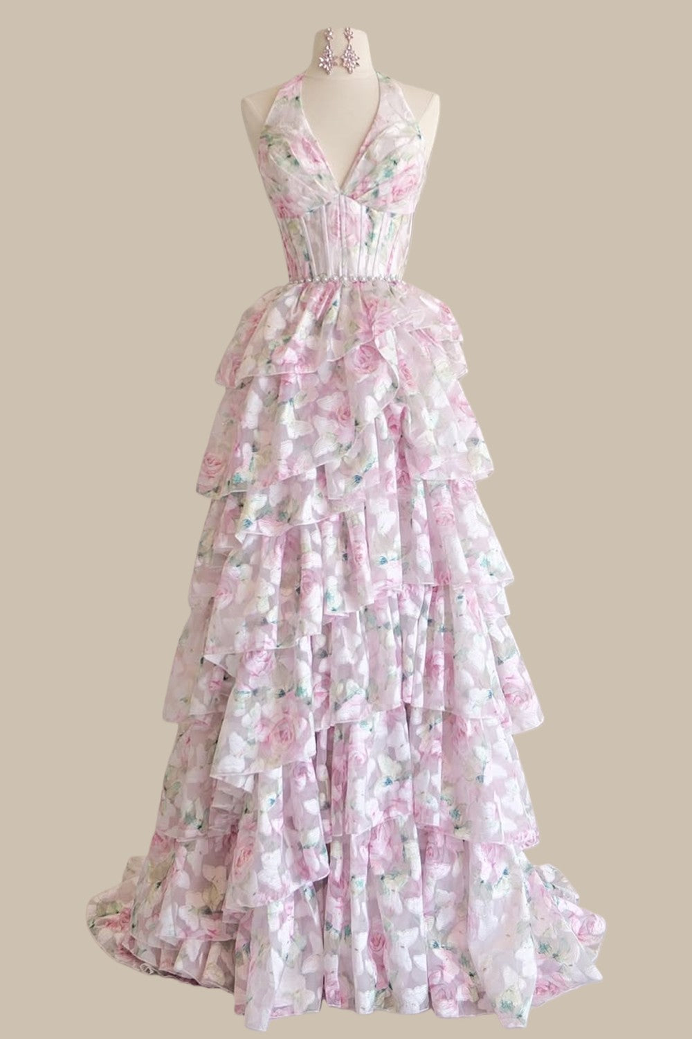Blush Pink Vintage Floral Halter Neck Ball Gown Prom Dress with Cascading Ruffles