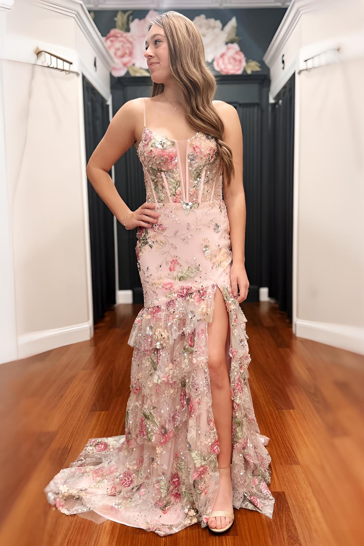 Blush Floral Appliqué Mermaid Prom Dress with Sheer Corset Bodice and High Slit