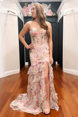 Blush Floral Appliqué Mermaid Prom Dress with Sheer Corset Bodice and High Slit